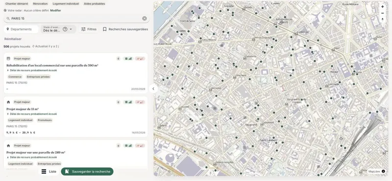 Carte des projets de construction détectés dans BatiSignal